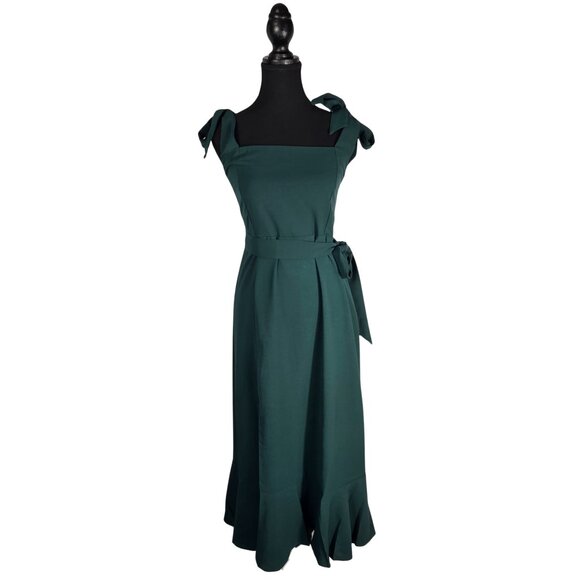 NWOT | Emerald Green Shoulder Tie Straps Midi Dress Smocked Ruffle Hem | Medium - Picture 1 of 7